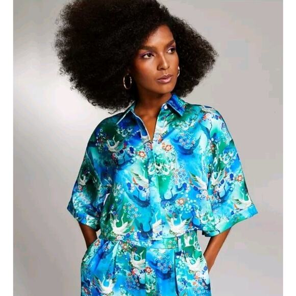 misa hylton INC Tops - Misa Hylton x INC Japanese Crane Kimono Style Button Up Camp Shirt Cropped XXXL